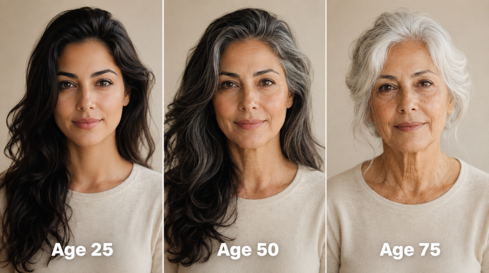 Three-panel portrait triptych showing the same woman at age 25, 50, and 75, with consistent cream background, soft window light, natural aging details, and warm realistic styling.