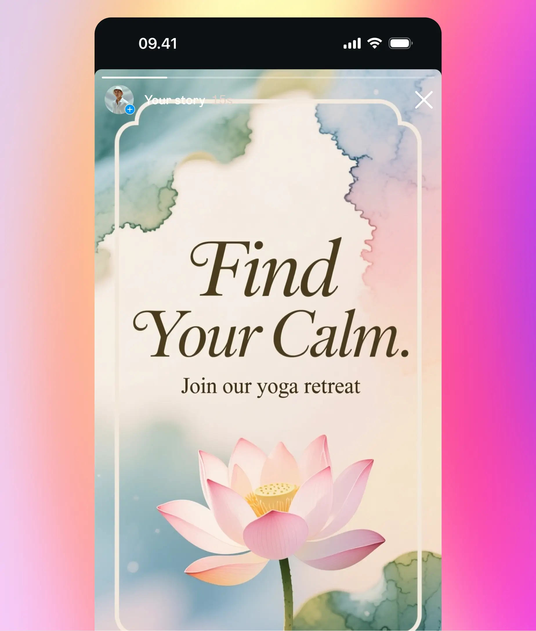 Instagram story ad promoting wellness with a pink lotus flower and the calming text “Find Your Calm, Join Our Yoga Retreat.